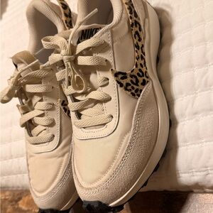 Nike Women's Cream Sneakers with Leopard Swoosh